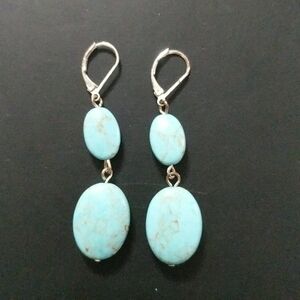 Silver Tone Faux Turquoise Oval Drop Pierced Statement Earrings